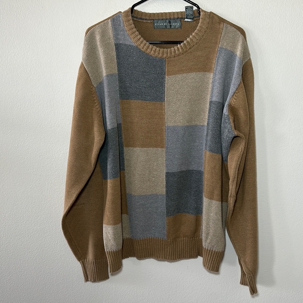 Oscar de la rents tan and gray patchwork sweater